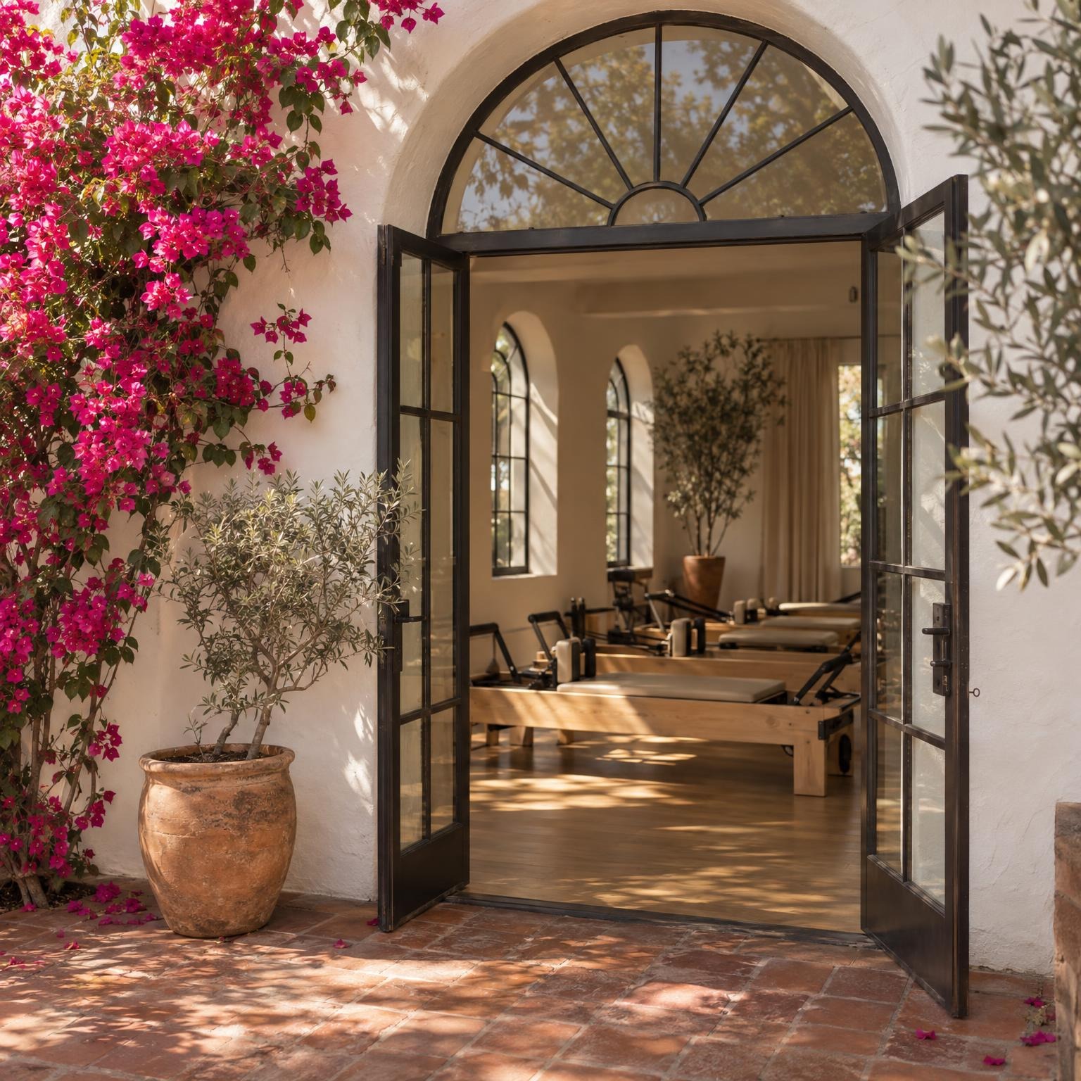 The arched front door and its fanlight seen from the courtyard, open onto the reformers