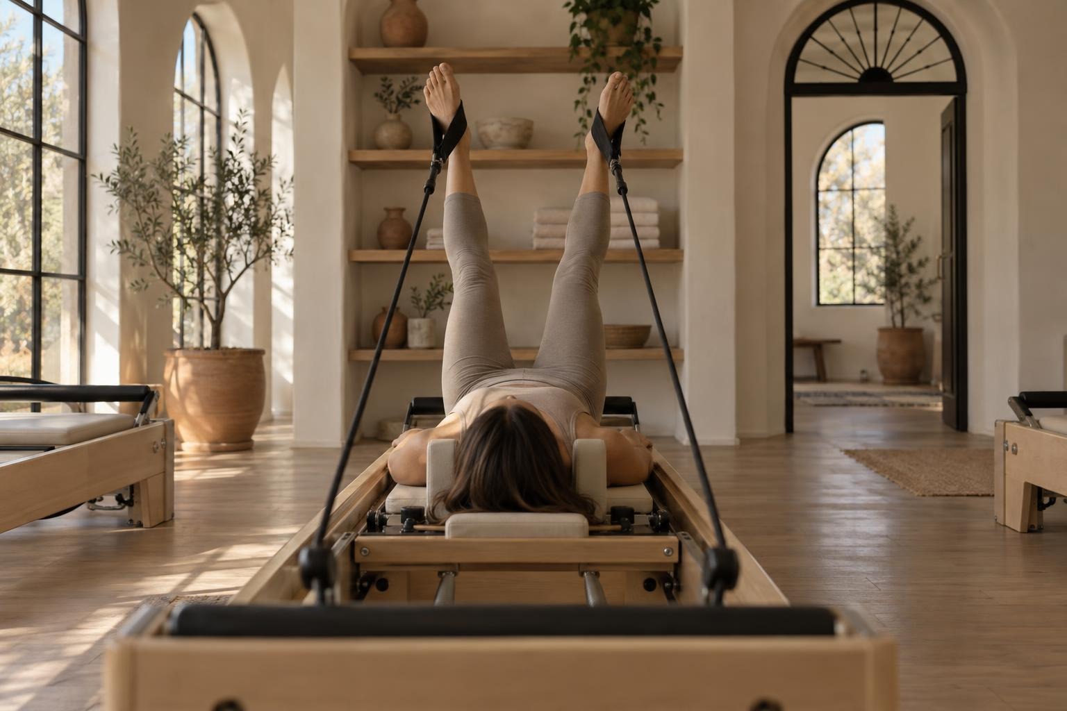 Legwork in the straps on a reformer, in front of open shelves of ceramics and folded towels