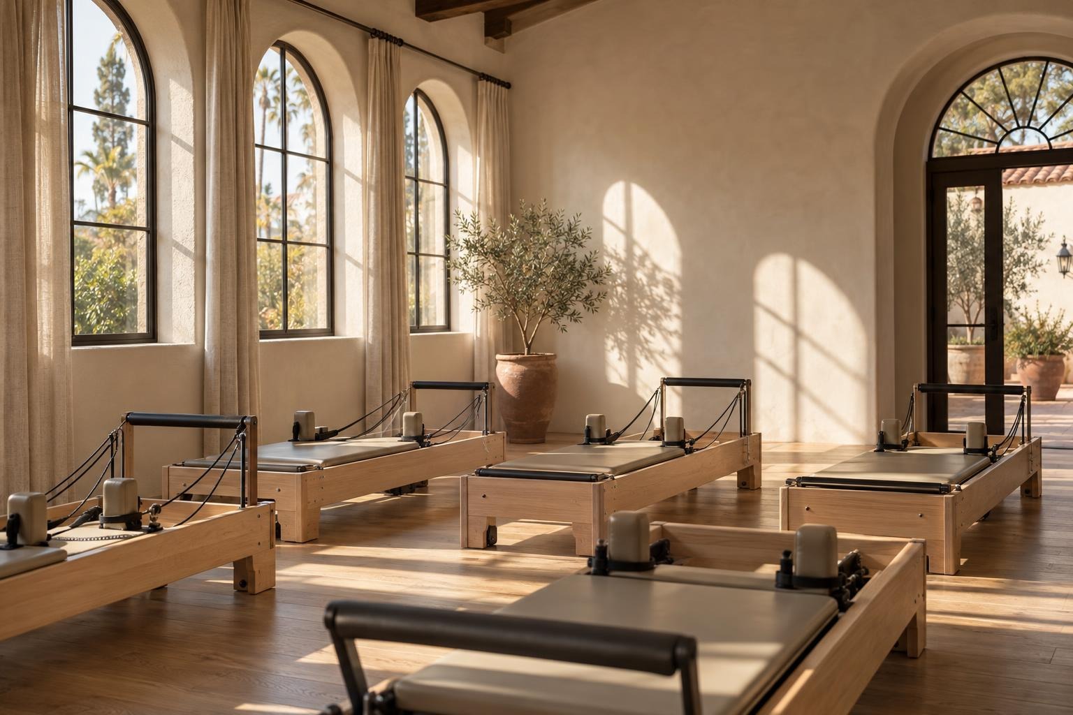 The empty reformer room in morning light, with linen curtains and an olive tree