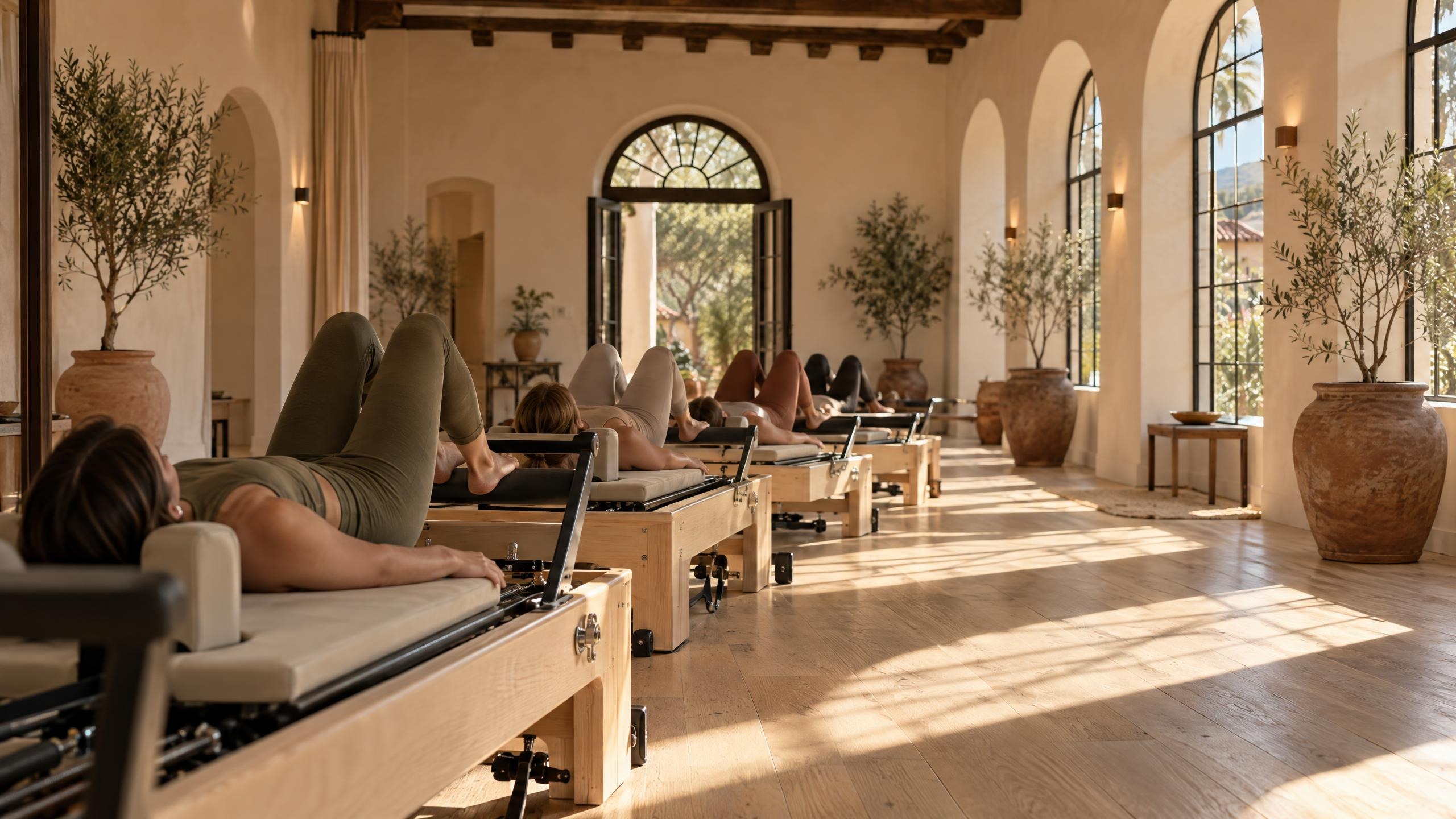 A small class doing footwork on a row of maple reformers, arched sunlight across the floor