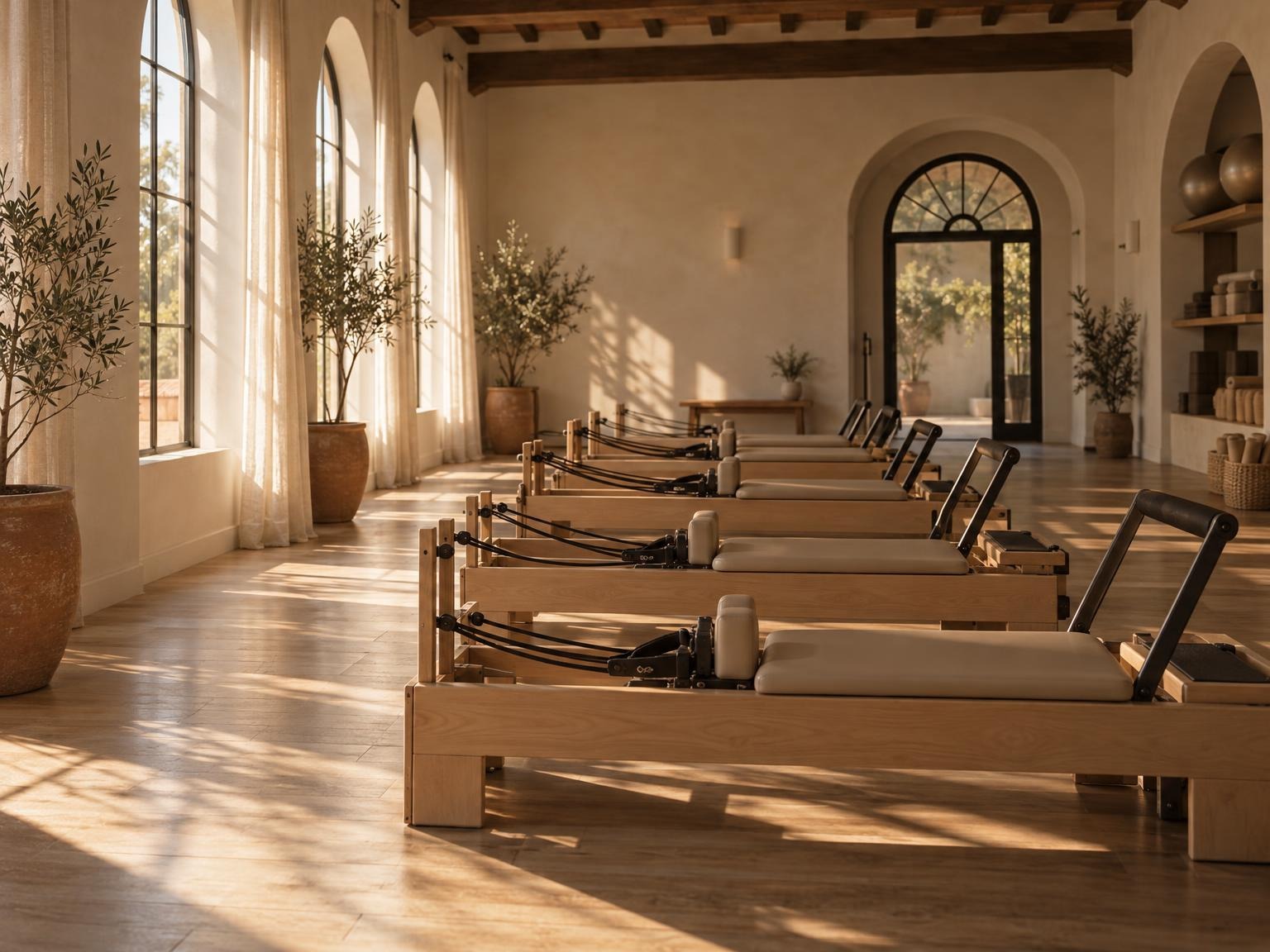 The empty reformer room in low late-afternoon light