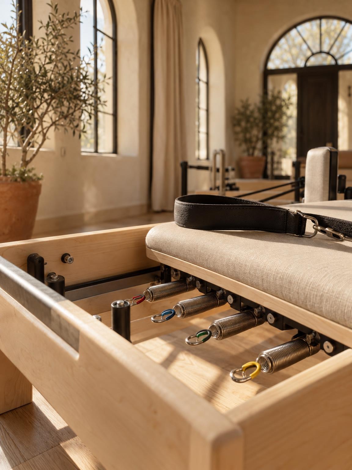 The colored springs and a leather strap on a maple reformer in morning light