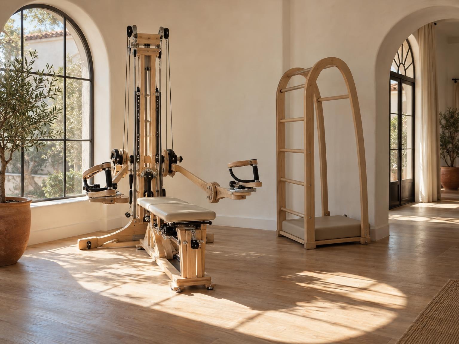 The wooden pulley tower and arch frame in a sunny corner of the studio