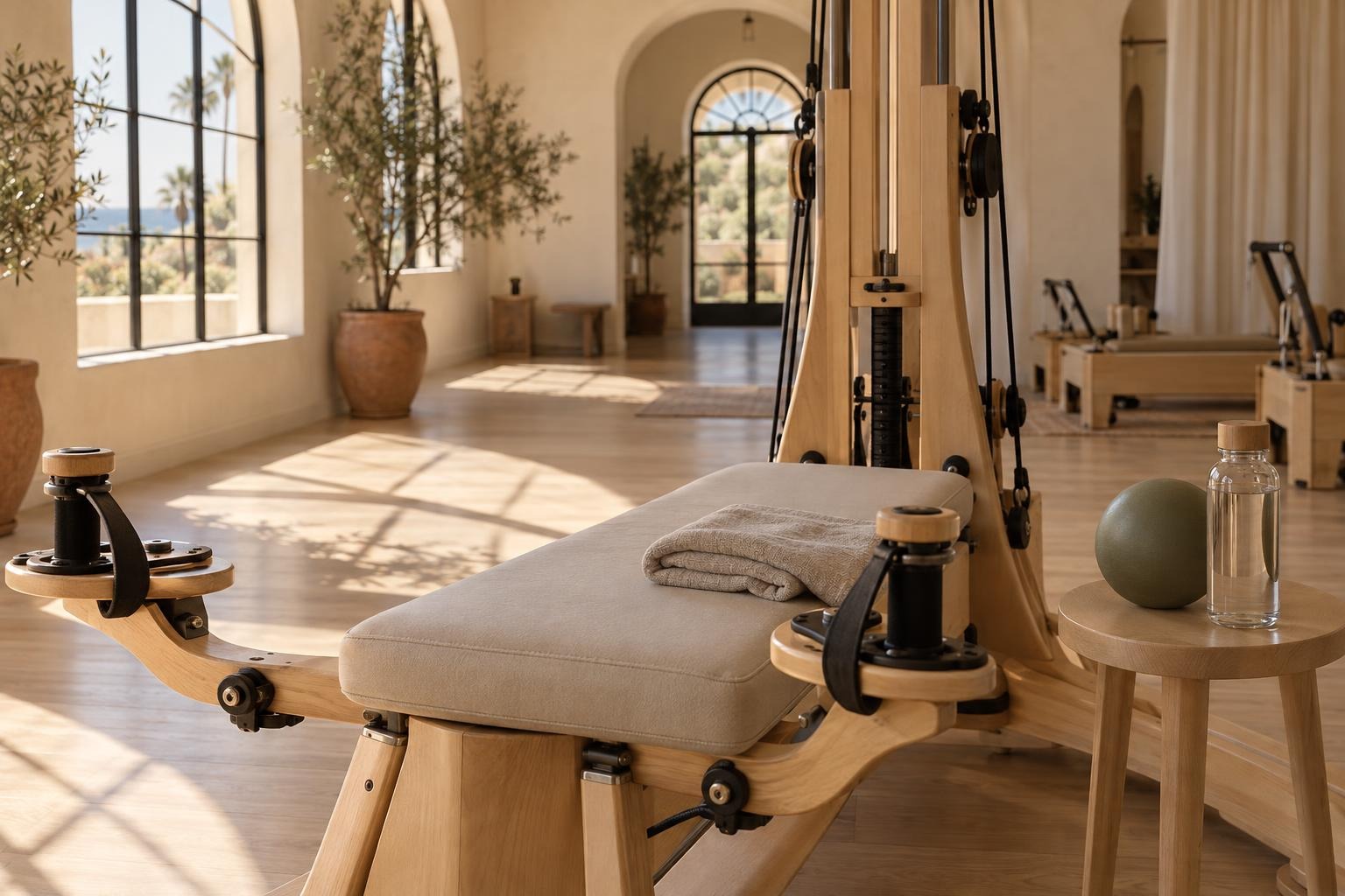 The GYROTONIC® pulley tower set for a private session: a folded towel on the bench, a ball and a water bottle on the stool